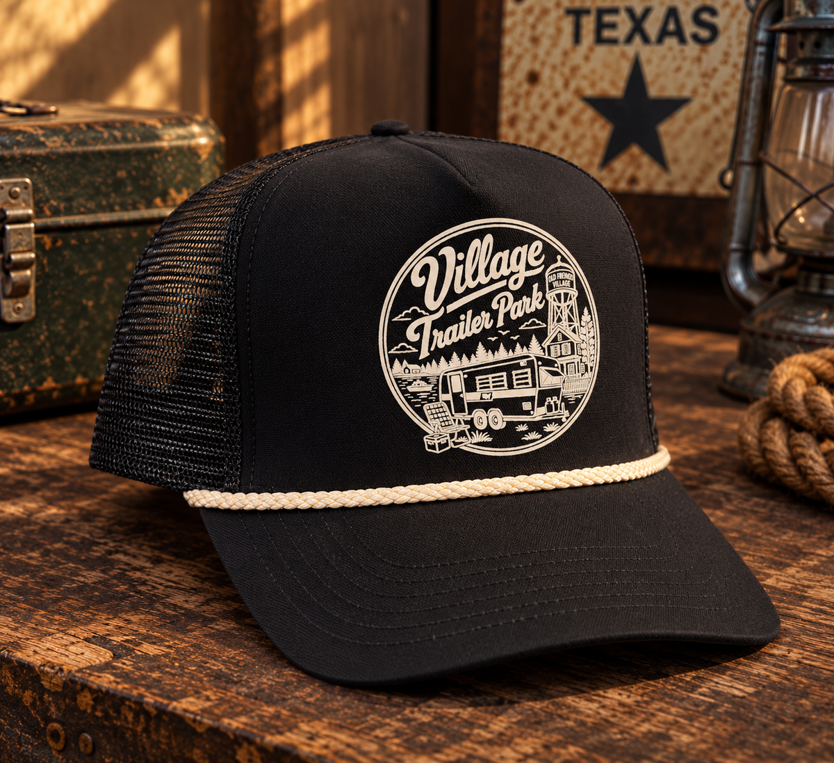 Village Trailer Park Logo Trucker in black with cream logo graphic