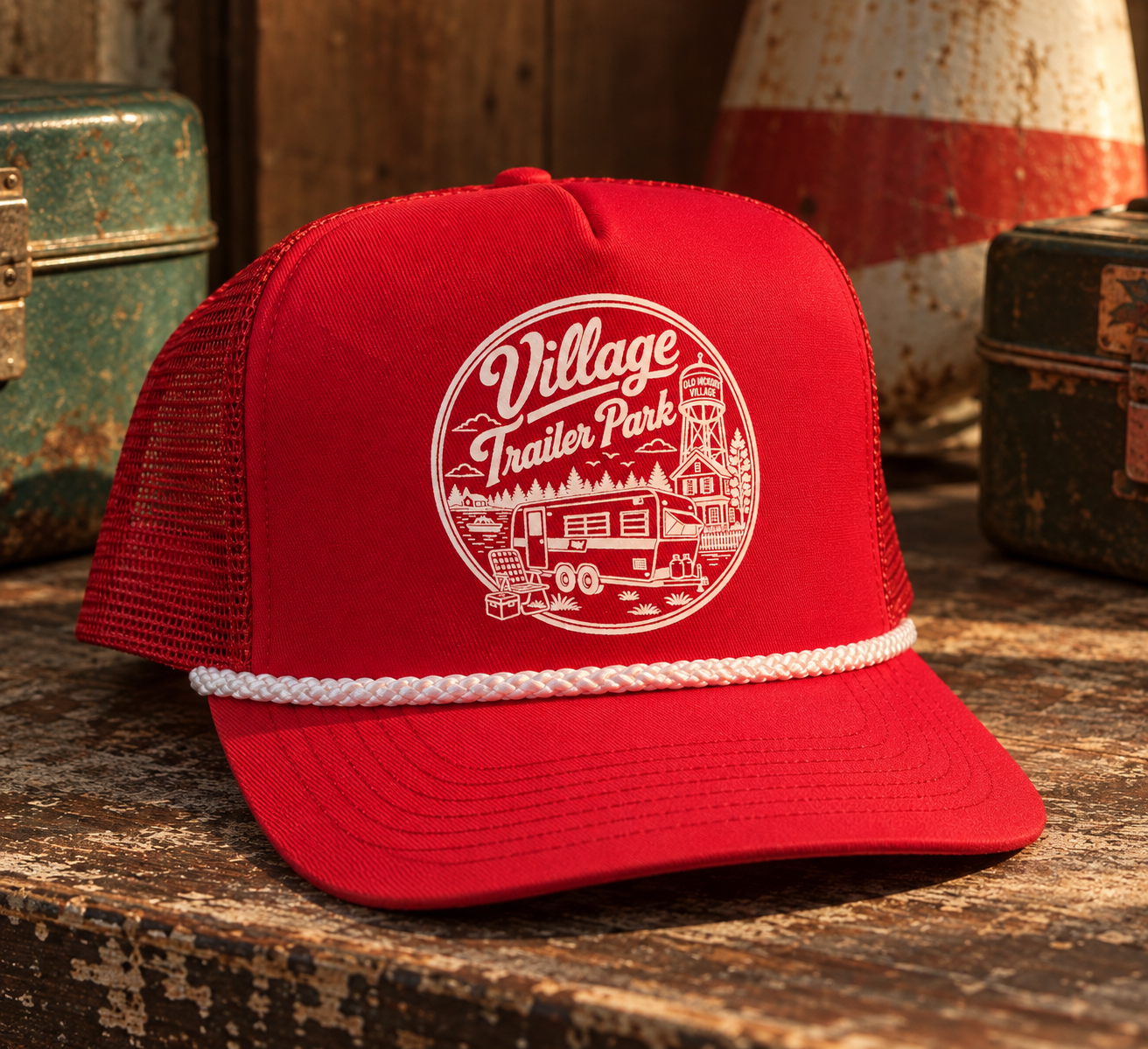 Village Trailer Park red logo trucker hat with white rope detail