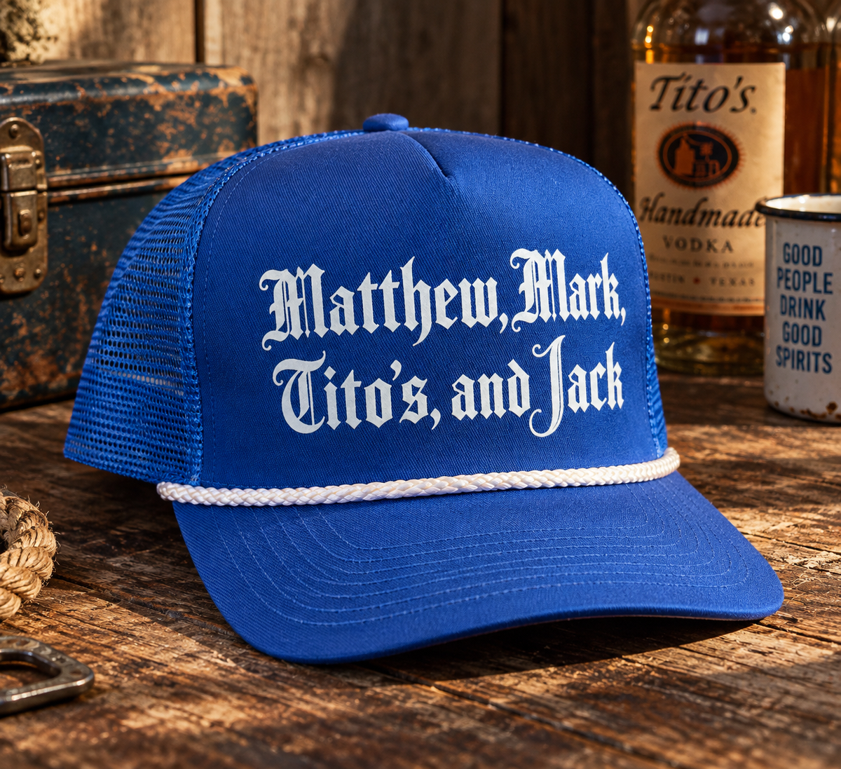 Sunday Service Trucker royal blue hat with Matthew Mark Tito's and Jack blackletter graphic