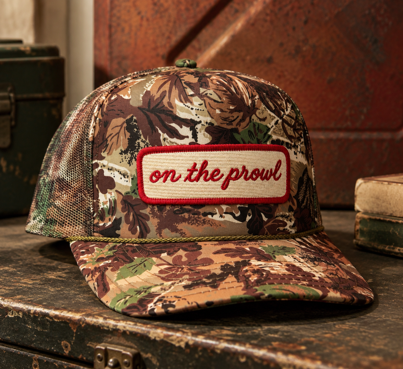 Prowling Trucker camo hat with on the prowl patch and gold rope detail