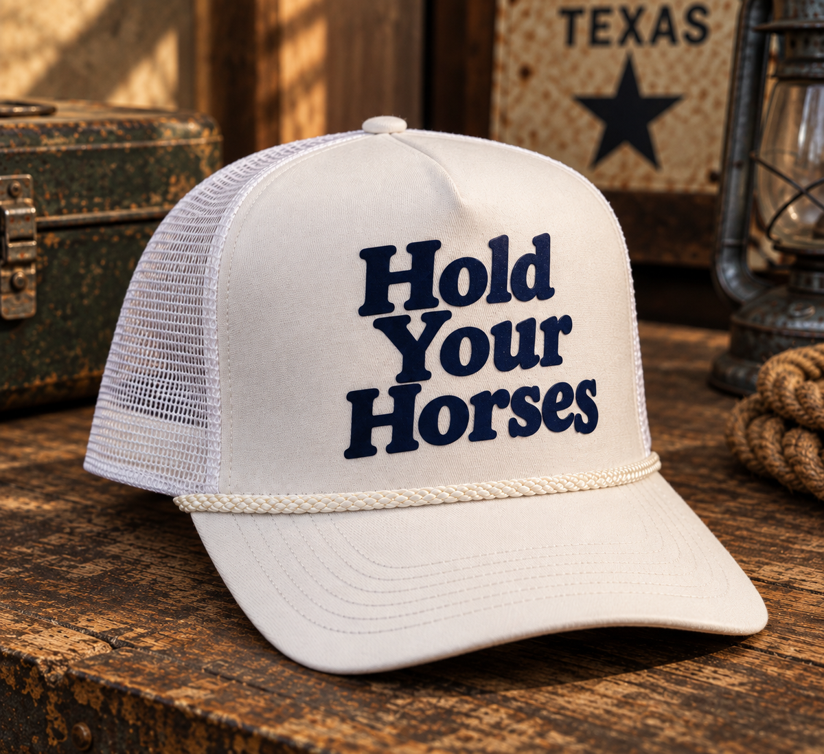 Whoa Nelly Trucker white Cobra hat with navy Hold Your Horses graphic