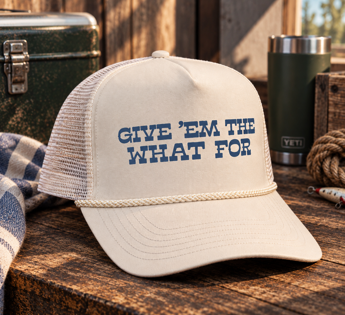 The What For Trucker cream Cobra hat with navy Give Em the What For western graphic