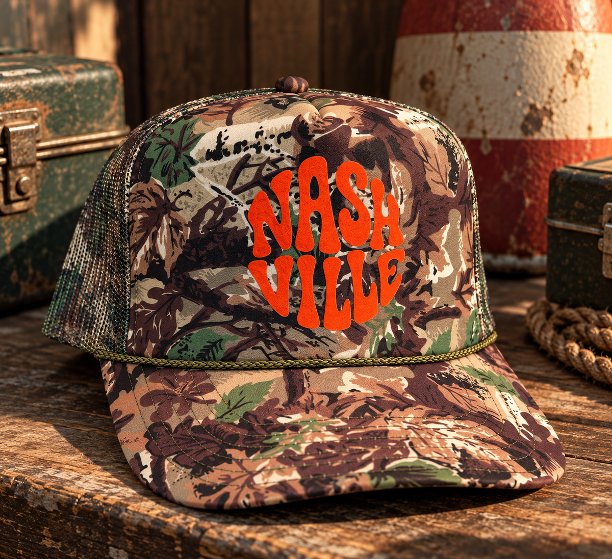 Groovy Nashville Camo Trucker hat with orange wavy Nashville lettering on floral camo
