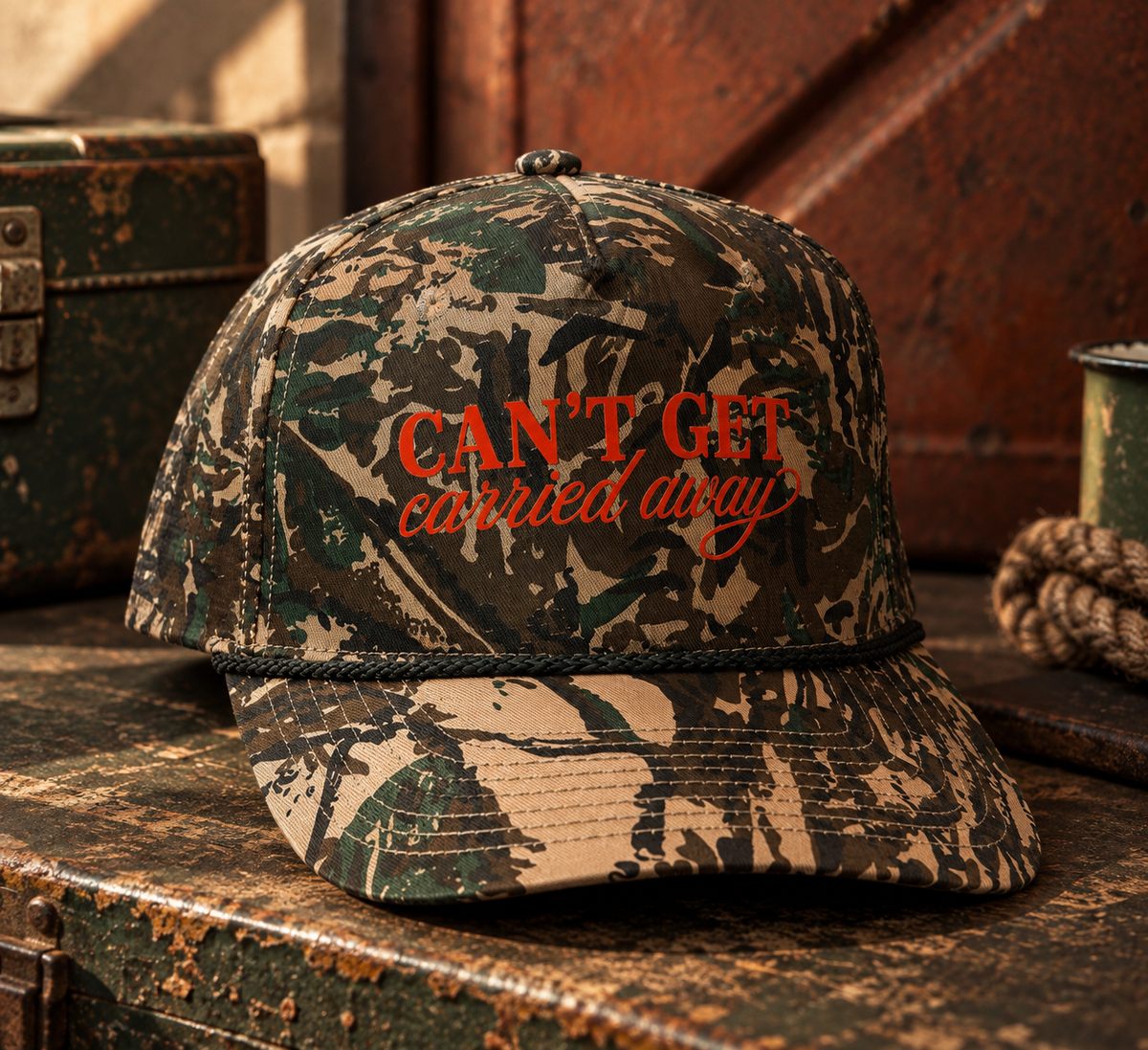 Settle Down Snapback camo Cobra baseball hat with red Can't Get Carried Away graphic