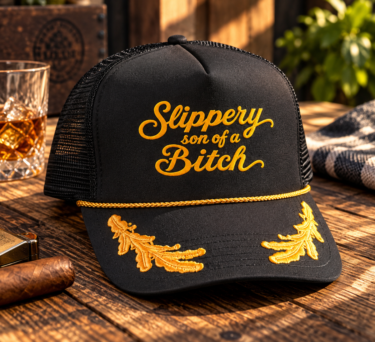 The Slippery SOB Captain Trucker in black with gold felted script and embroidered laurel detail