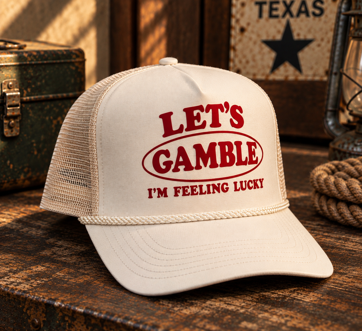 The Gambler Trucker in tan with red Let's Gamble I'm Feeling Lucky graphic