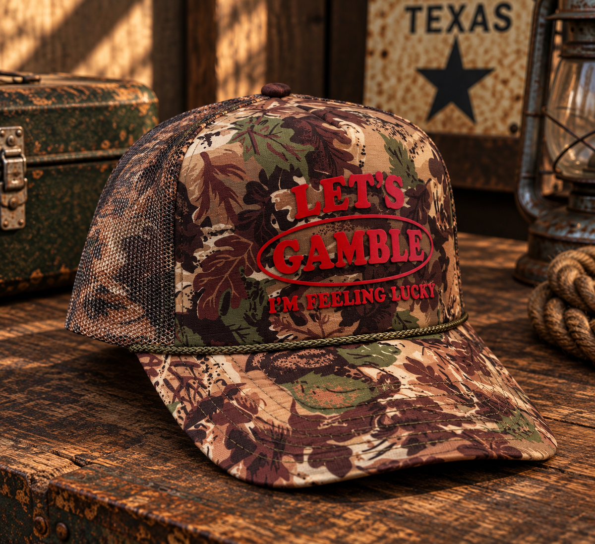 The Gambler Trucker in camo with red Let's Gamble I'm Feeling Lucky graphic